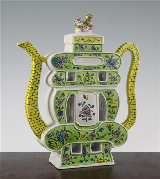 A Chinese enamelled biscuit porcelain shou character teapot, early 20th century, 23.5cm